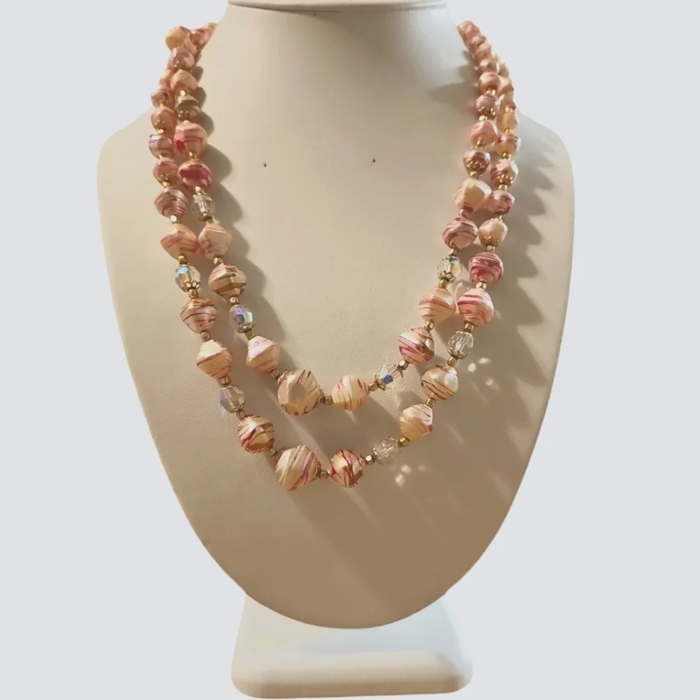 Vintage Hong Kong Pink Splatter lucite and crystals necklace